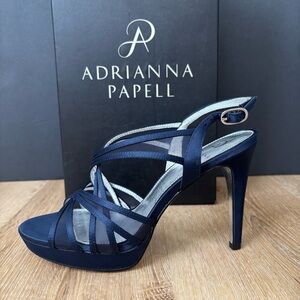 Adrianna Papell Women’s Open Toe Navy Satin Ankle Strap Stiletto Heels Size 7.5